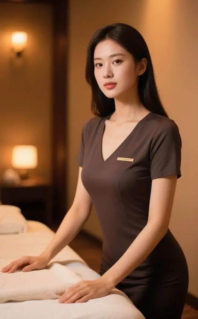 Adult woman in a brown SPA uniform beside a covered treatment table