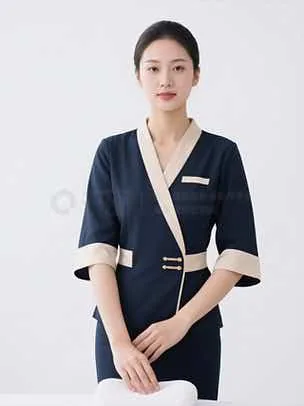 Adult woman in a navy and cream SPA uniform